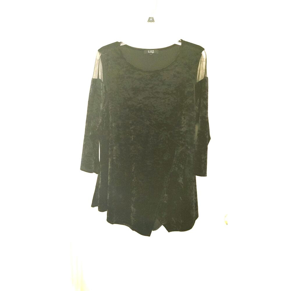 Lior Paris Top Blouse Tunic Crushed Velvet Sheer Shoulders Large Black